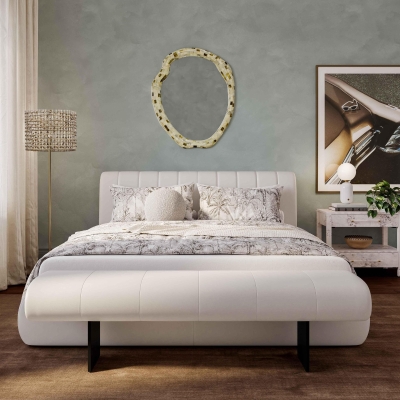 Karol King Bed Frame with Integrated Slatted Base and Structural Joints, Cream
