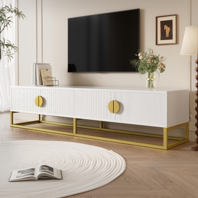 4‑Door Modern TV Cabinet with Semi‑Circular Handles and Soft‑Close Hinges, White