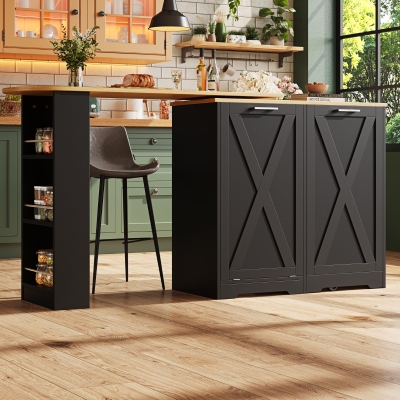 360° Rotating Kitchen Island with Folding 3D Textured Doors and Side Shelves, Black