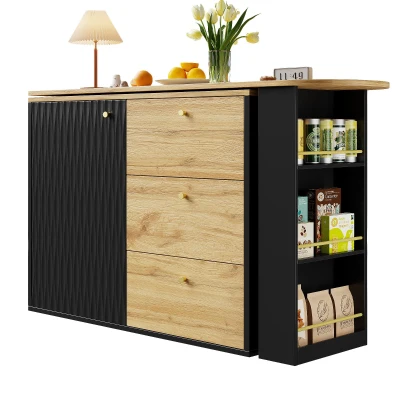 Extendable Bar Table with Pull-Out System and Snack Compartment, Black+Natural