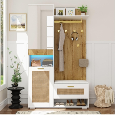 Ensemble d'entrée avec miroir et banquette, Blanc+Couleur naturelle