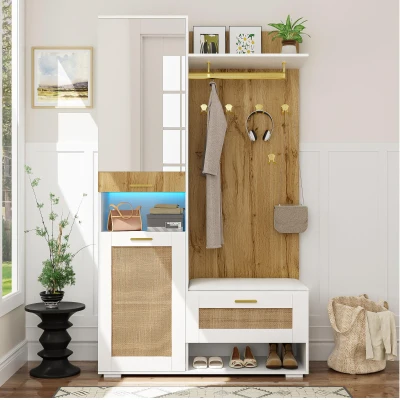 Set cuier cu oglindă și băncuță, Alb+Culoare naturală