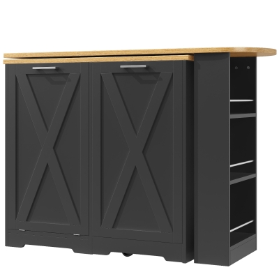 360° Rotating Kitchen Island with Folding 3D Textured Doors and Side Shelves, Black