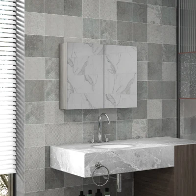 HOMCOM Armario mural para baño con espejo, mueble de baño, puertas dobles y estantes regulables, 80x15x60cm, gris