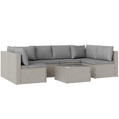 Outsunny 7 Pieces Rattan Garden Furniture Set, 6 Seater Garden Corner Sofa with Cushions and Glass Top Table, Sectional Outdoor Furniture Conservatory Set for Patio, Grey