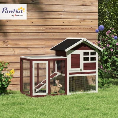 PawHut 2 Tiers Rabbit Hutch and Run Wooden Guinea Pig Hutch Outdoor with Sliding Tray, Ramp, 122 x 62.6 x 92cm, Brown