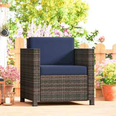 Outsunny Rattan Garden Armchair with Cushion Brown/Blue