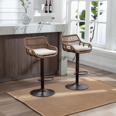Set of 2 Modern Swivel Bar Stools with Wicker Rattan Weave and Padded Linen Seat, Beige