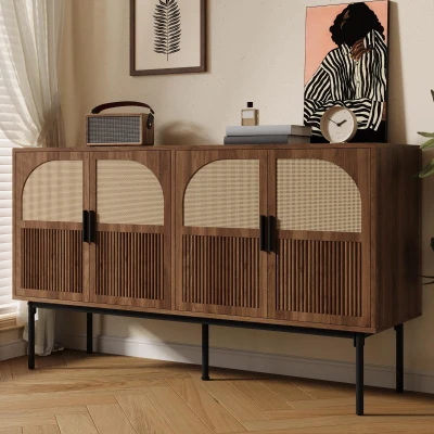 Madia moderna in rattan a 4 ante, color legno