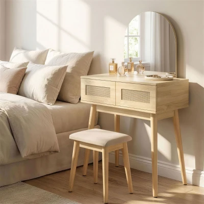 HOMCOM Coiffeuse Rotin Naturel avec Miroir et 2 Tiroirs