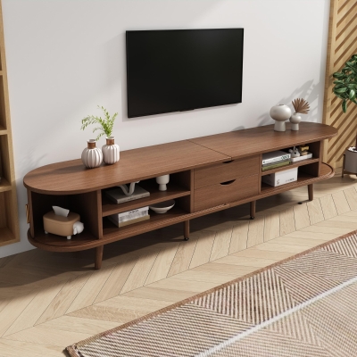 Durable Oval TV Unit with 2 Sliding Doors and 2-Tier Storage Shelves, Oak