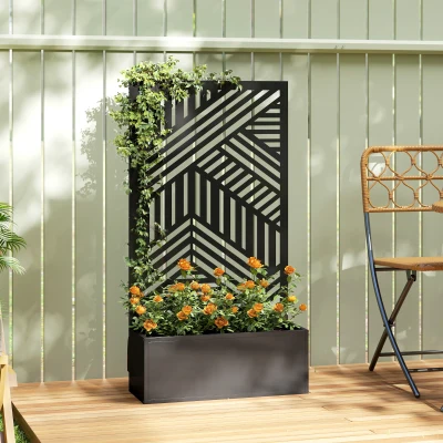 Outsunny Metal Garden Bed for Garden with Trellis, Raised Garden Bed with Privacy Screen, Geometric Slatted Cut-Out