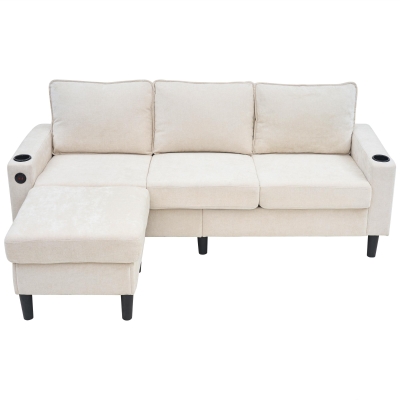 L-Shaped Corner Sofa with USB Charging Ports and Cup Holders, Beige
