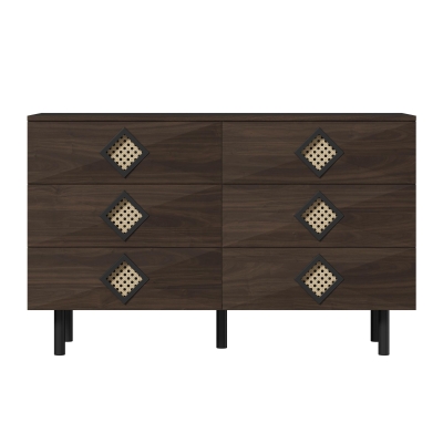 Tavolo trucco con 6 cassetti e maniglie in rattan, color legno