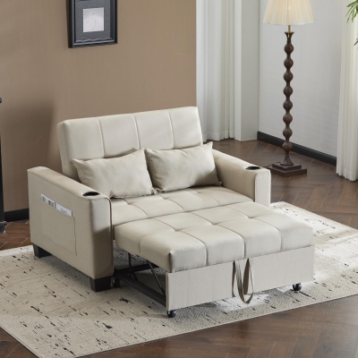 3-In-1 Convertible Pull-Out Sleeper with 3-Position Adjustable Backrest, Beige