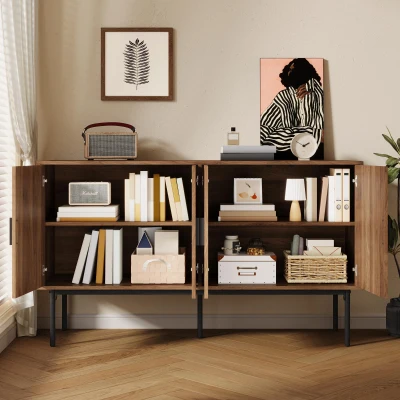 Aparador Moderno em Vime 4 Portas com Muito Espaço de Arrumação Design Natural-retro 140x40x80 cm Cor Natural