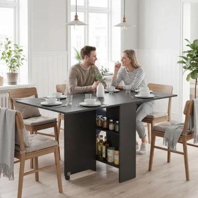 HOMCOM Mesa de Cocina Plegable con 2 Ruedas 2 Estantes de Almacenaje y 2 Alas Abatibles Estilo Moderno 75x140x74 cm Negro