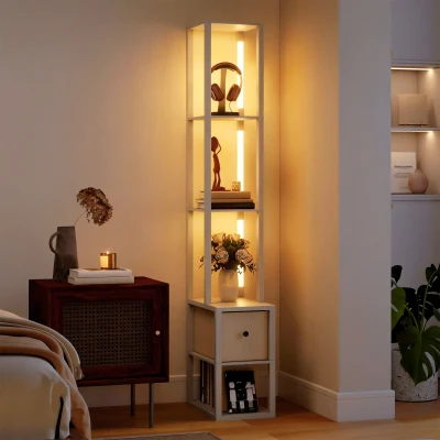 HOMCOM Floor Lamp with Shelves LED Oak for Living Room