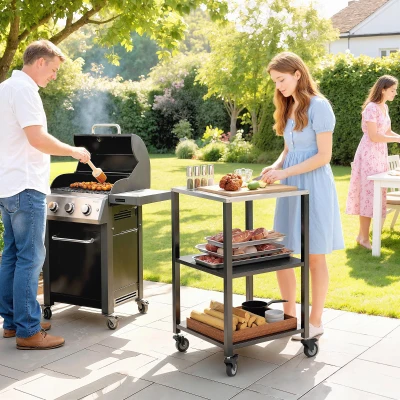 Outsunny Grillwagen met 3 Etages en Roestvrijstalen Werkblad, Serveerwagen 50 x 50 x 90 cm Zwart