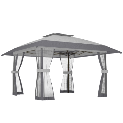 Outsunny Paviljoen 4x4m Waterdicht Verstelbaar Pop-up Inklapbaar Paviljoen met Dubbel Dak en 4 Netpanelen, UV 30+ Lichtgrijs
