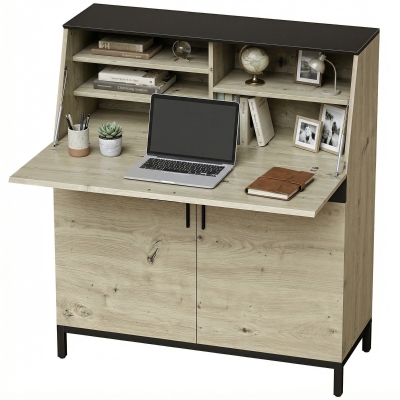 HOMCOM Bureau Industriel 100cm Bois Naturel Cadre Métal Noir