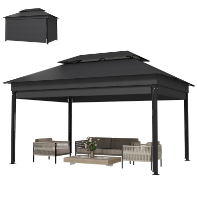 Outsunny Gazebo 4x3m Gris Foncé Double Toit avec Stores