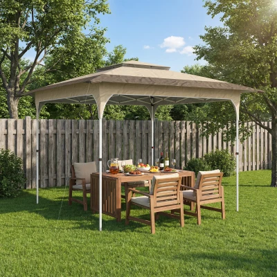 Outsunny Faltpavillon 3,5x3,5 m Pop-up mit 3-stufiger Höhenverstellung Doppeldach Zentralverschluss und Tasche UPF50+ Khaki