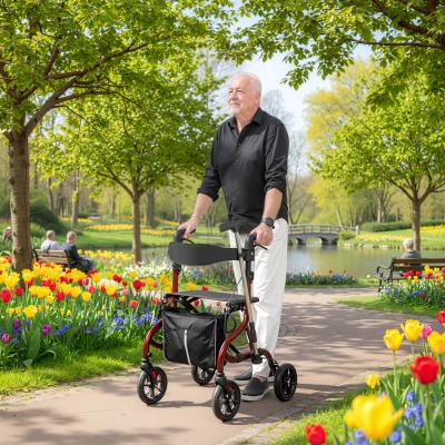 Deambulator cu Scaun și Spătar pentru Vârstnici Pliabil, Reglabil pe Înălțime, Roșu