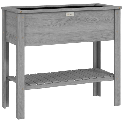 Outsunny Wooden Raised Garden Bed, Elevated Planter Box with Storage Shelf and Drainage Holes, Raised Planter with Legs, Grey