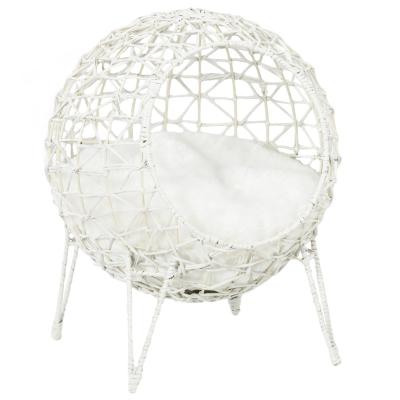 Pawhut Rattan Katzenkorb Katzenhöhle Katzenhütte Katzenbett mit Kissen erhöhtes Design Haustierbett Cremeweiß Ø45 x 57H cm