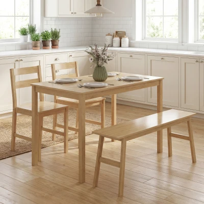 HOMCOM Conjunto de Comedor de Bambú con Mesa, 2 Sillas y Banco para 4 Personas, Madera Natural