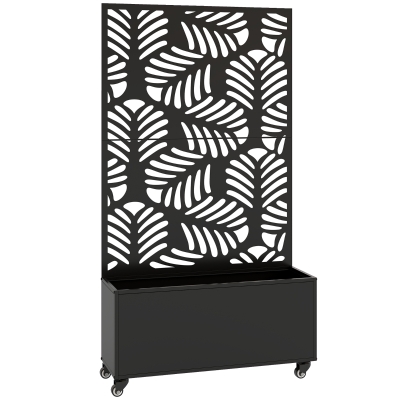 Outsunny Jardinera Exterior Grande con Ruedas Pantalla de Privacidad de Hojas de Monstera Marco Metal 90x30x160 cm Negro