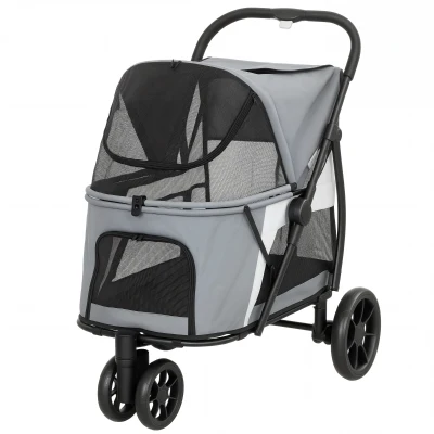 PawHut Poussette pour chien pliable avec coussin lavable, fenêtres en maille, 3 roues, pour chiens moyens jusqu’à 20 kg, Gris