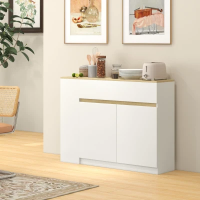 HOMCOM Aparador de Cozinha Aparador Branco com 2 Portas e 3 Prateleiras Abertas para Sala de Estar e Jantar 110x29,5x82 cm