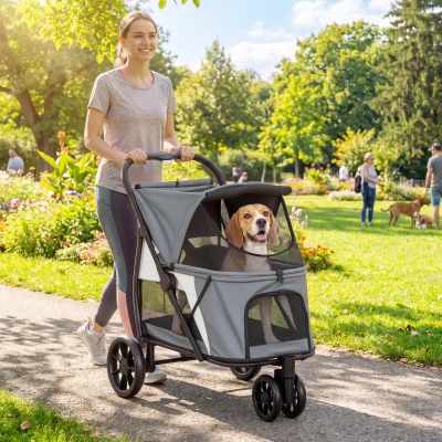 PawHut Cărucior pliabil pentru câini cu pernă lavabilă, ferestre din plasă, 3 roți, pentru câini de talie medie până la 20 kg, Gri