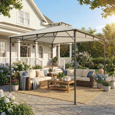 Outsunny Pavillon 3x3m Wasserdicht Stabil Winterfest Gartenpavillon mit zurückziehbar Obenrahmen Doppeldach Cremeweiß