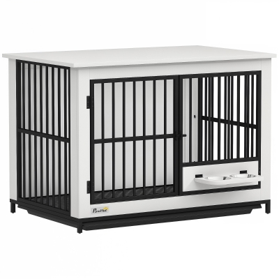 PawHut Große Hundebox, einfacher Zugang, verschließbar, drehbarer Schüsselhalter, für kleine und große Hunde, Weiß