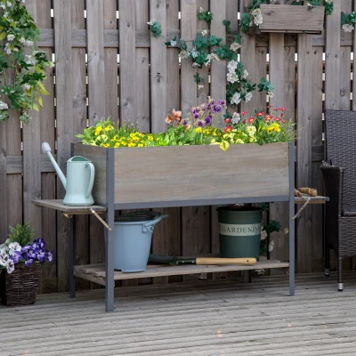 Outsunny Hochbeet Pflanzkasten mit 2 faltbaren Ablagen unterer Ablagefläche Blumenkasten Blumentopf Kräuterbeet Massivholz Hellgrau 140 x 46 x 75,5 cm