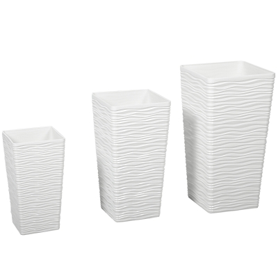Outsunny Set de 3 Ghivece de Exterior Suprapozabile cu Model Ondulat, Ghivece Pătrate din Plastic pentru Flori cu Orificii de Drenaj, 42/55/65 cm, Alb, Negru, Maro