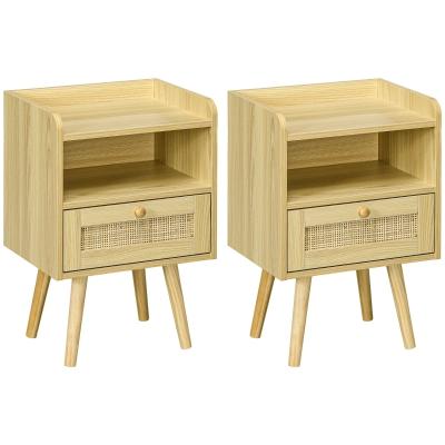 HOMCOM Rattan Weave Bedside Tables Set of Two Wood Effect