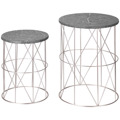Outsunny 2er-Set Beistelltisch Stapelbar Gartentisch in Marmor Optik Balkontisch aus Metall, runder Kaffeetisch 50kg belastbar, Ø38x52,5 cm Sofatisch für Outdoor Indoor Balkon Rose+Gold+Grau