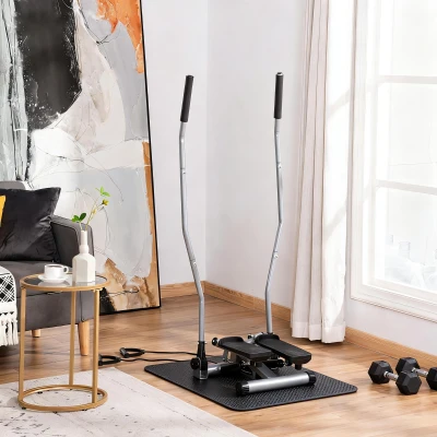 Stepper Fitness cu Maner, Bante Elastice, LCD, Oțel/ABS, Argintiu-Negru