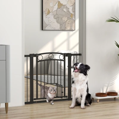 PawHut Haustiertor, 77 cm Treppengatter, verstellbare Breite 76-104 cm, mit Katzentür, für Treppen und Türöffnungen, Schwarz