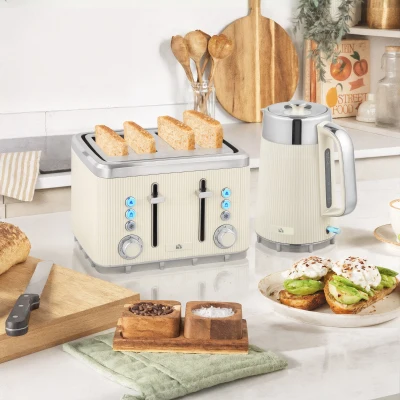HOMCOM 2200W, 1,7L Wasserkocher mit Schnellkochfunktion, Kalkfilter und 4-Scheiben-Toaster mit 7 Bräunungsstufen, Cremeweiß