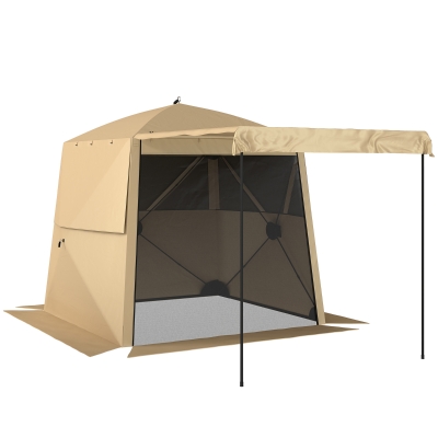 Outsunny Pop Up Canopy Waterproof Instant Shelter with Awning Mesh Windows for Camping Patio 2 x 2 m Khaki