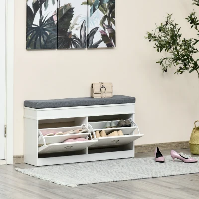 HOMCOM Shoe Storage Bench White with Cushion & Adjustable Shelf