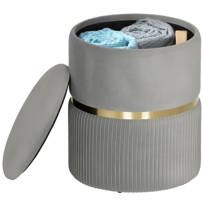 HOMCOM Pouf Rond Velours Gris Clair avec Rangement Discret