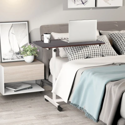 HOMCOM Mesa Auxiliar con Ruedas para Sofá y Cama Altura Ajustable y Marco de Acero 77x40x76-100 cm Nogal Oscuro