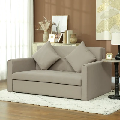 HOMCOM 2-Seater Sofa Bed Modern Fabric Light Brown