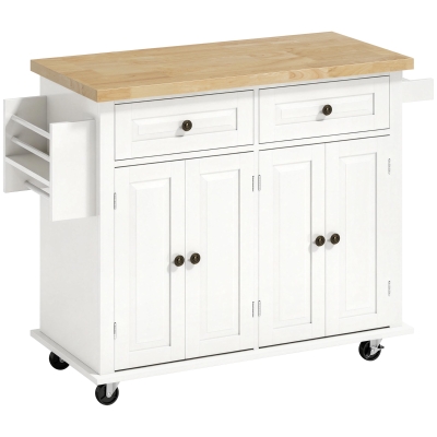 HOMCOM Küchenschrank, Servierwagen, Kücheninsel mit Rollen, Küchenwagen, Küchenregal mit Schublade und verstellbares Regal, Gummiholz, MDF, Spanplatte, Weiß, 111 x 44,5 x 82,5 cm